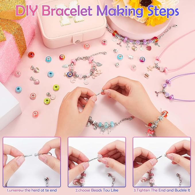 Bracelet Making Kit with Jewelry Box Charm Beads for Jewelry Making Kit DIY Bracelet Craft Kit Cute Birthday Valentine Gifts Christmas