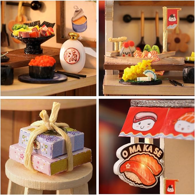 Miniature House Kit, CUTEROOM Tiny House Kit Wooden Dollhouse Kit Mini House Making Kit with Dust Cover, DIY Sushi Dollhouse Kit Birthday Gift (Food House)