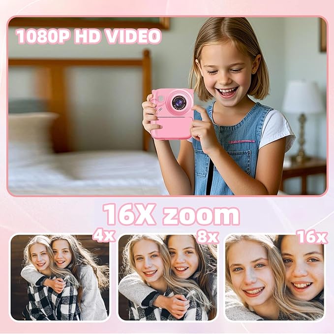 Instant Print Camera for Kids, 1080P Video Camera with 3 Print Rolls, 32GB Card & Cute Cover, Gift for Girls Boys Age 3-12, Toddler Digital Camera with Games, Filters, Music – Pink