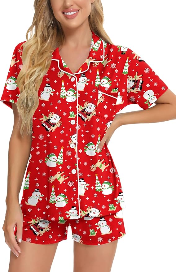 SWOMOG Womens Button Down Pajamas Set Short Sleeve Sleepwear Bride Soft Pj Lounge Sets XS-3XL