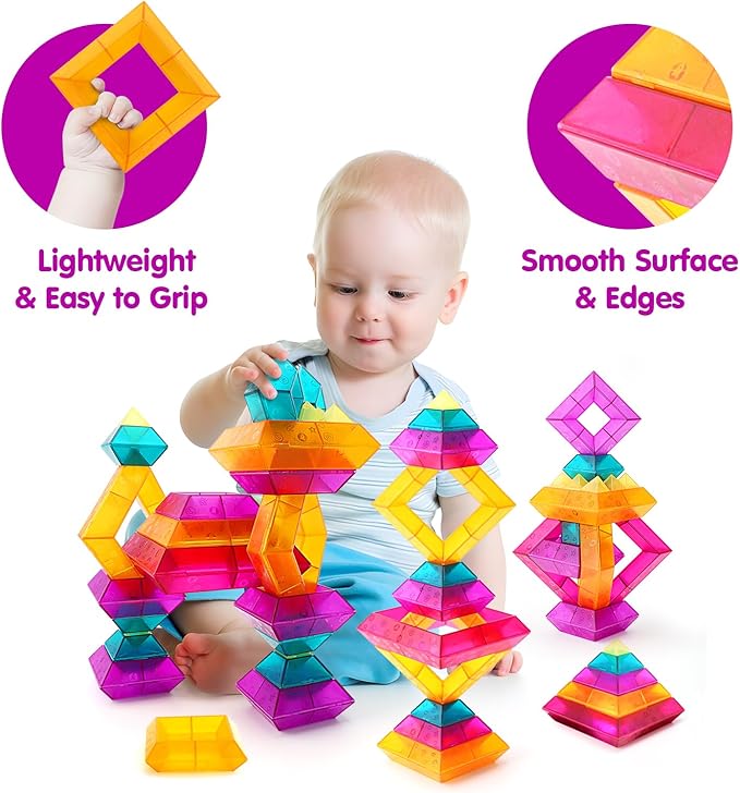 Translucent Building Block Set with Toy Storage Bag, 30 Pcs Light-Passing Stacking Toys for Kids Ages 3+, STEM Preschool Educational, Light Table Compatible, Gift for Toddlers & Children