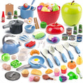 100Pcs Kitchen Playset, Kids Pretend Cooking Play Pots, Pans, Utensils, Cookware, Toy Food Fruits Veggies, with 2 Large Apple - Shaped Storage, Toddler Cooking Learning Gift (Blue