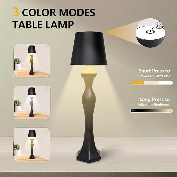 Cordless Table Lamp, 5200mAh Rechargeable Battery LED Touch wireless Lamp, 3 Color Changing & Stepless Dimmer, Decorative Portable Nightstand Lamp for Bedroom Living Room Outdoor kitchen（2 Pack Black）