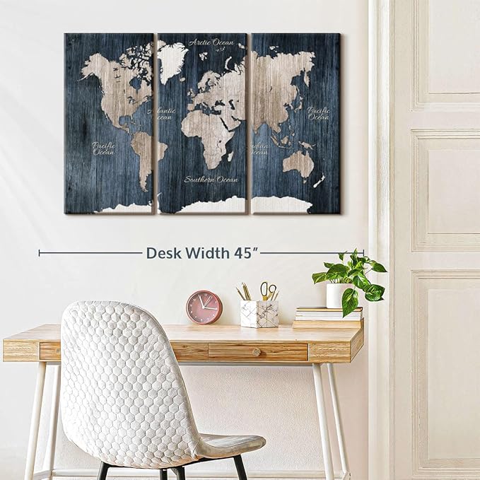 ElephantStock Aged Blue World Map I Canvas - 3 Panel Wall Decor - World Map Digital Art - Blue Wall Art - 38" X 24"