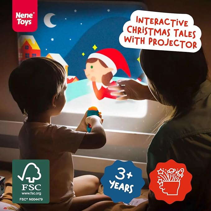 Nene Toys Christmas Fairy Tales Interactive Book with Flashlight Projector & Shadow Puppets - Magical Stories & Theatrical Playset for Kids 3+ Years - 5 Languages - Perfect Holiday Bedtime Kit