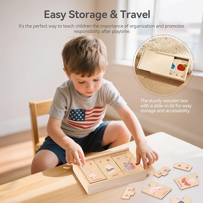 Alphabet Wooden Puzzles with Storage Box - 26 Pairs Self-Correcting ABC Puzzle - Uppercase & Lowercase Alphabet Learning Toys Matching Game - Preschool Educational Toys - Educational Gift 3+