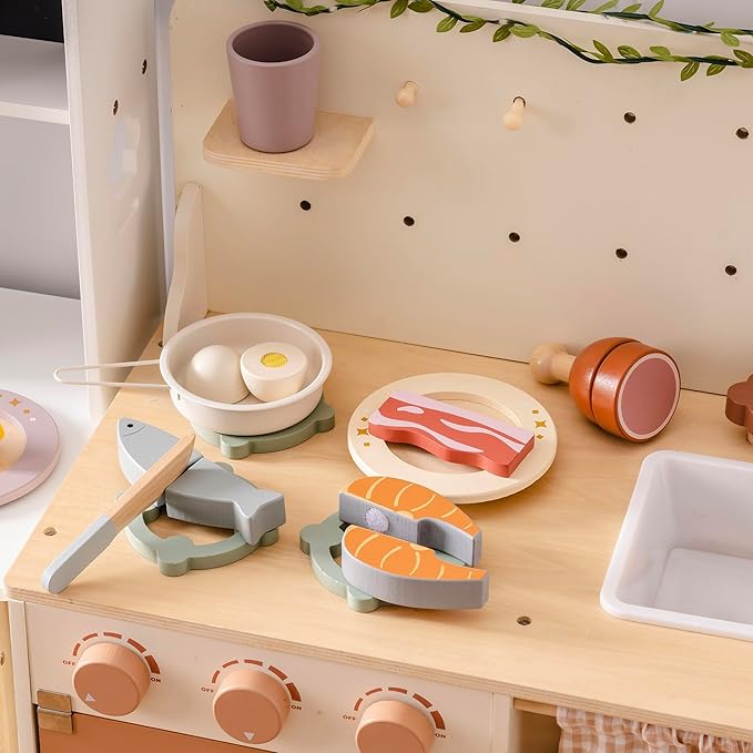 ROBOTIME Wooden Play Food Cutting Meat & Eggs Set, Pretend Play Toy Food for Play Kitchen with Shopping Bag – Kids Kitchen Accessories, Wooden Food Toys for Boys & Girls
