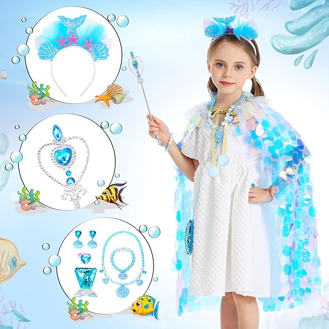 Princess Dress Up Toys Princess Dress Up Clothes Rainbow Mermaid Cape Kit 9 Pcs Gift Set for Little Girls 3-8 Years