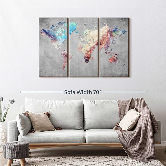 ElephantStock Artistic Touch World Map Multi Piece Canvas - 3 Panel Wall Decor - Map of the World Art - Canvas for the Office and Home - 50" X 32"