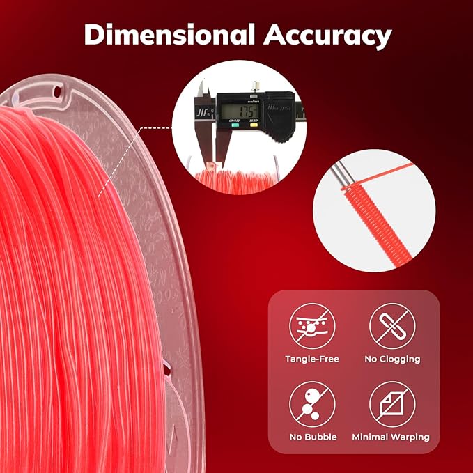 AMOLEN 95A TPU 3D Printer Filament, 1.75mm Glow in The Dark Red, Soft TPU Flexible 3D Printing Filament, High Hardness & Resilience, Best with UV Lamps, 1kg Spool(2.2lbs), Fit Most 3D Printers