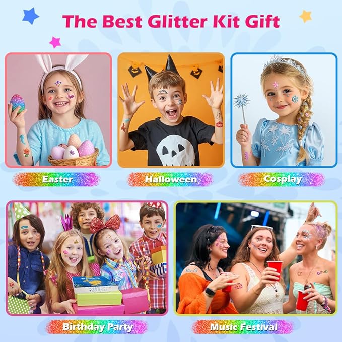 Temporary Glitter Tattoo Kids, Bledras 42 Glitter Colors Glitter Tattoo Kit,210 Unique Stencils,3 Glue,5 Brushes,6 Stickers, Glitter Tattoos for Kids,Adults,Boys Girls Birthday Party Halloween