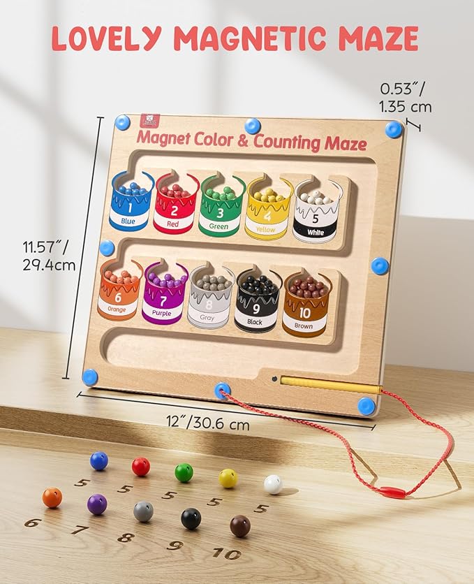GAMENOTE Magnetic Color and Number Maze - Educational Fine Motor Skills Toys for Boys Girls 3 4 5 Years Old, Wooden Color Matching Learning Counting Toddler