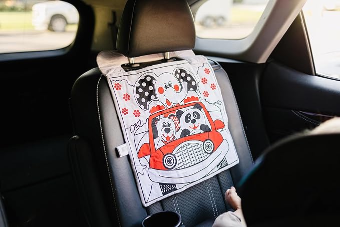 Reversible Car Activity Center Toy for Baby in Black, White and Red, Easy to Attach, with Baby Safe Mirror