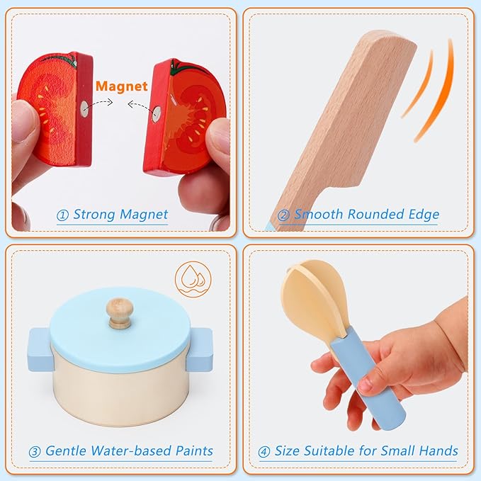Play Kitchen Accessories, Wooden Play Cooking Set, Pretend Play Kitchen Set for Kids, Including Stove, Cookware Pots and Pans, Cooking Utensils Playset, Cutting Food Playset for Girls Boys Toddler