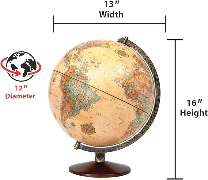 Replogle Illuminated World Globe with Stand, 12 Inch diameter light up globe with 3-D Raised Relief Texture. Perfect for Children And Kid's Classroom and home Decor, Made In USA. (Antique)