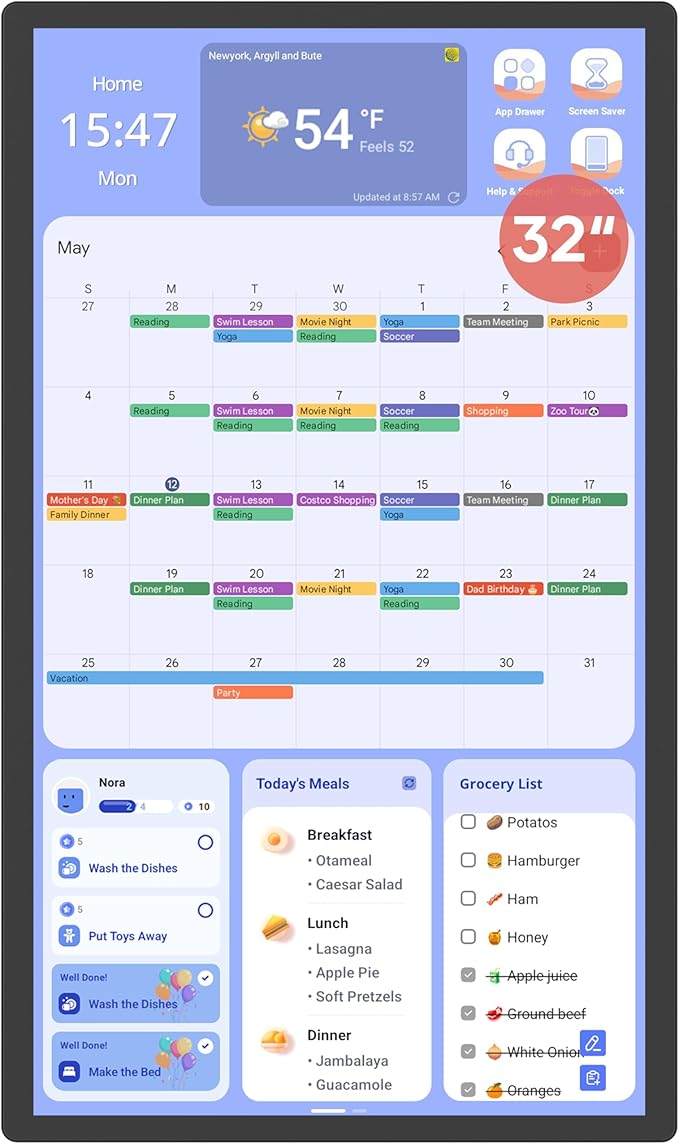 Cozyla Mate Digital Calendar+ 2: 32 Inch Wall Touch Screen Chore Chart Customize Dashboard Smart Electronic Calendar for Family Schedules Meal Planner Supports All Google Play Apps Wall Mount Black