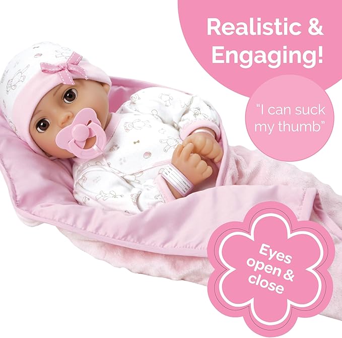 Adora 16 Inch Girl Baby Doll with Accessories Purple Matching 9-Piece Set Including a Pacifier, Hospital, Bracelet, Diaper, and More Gift for Toddlers Ages 3+ Adoption Babies Collection - Cherish