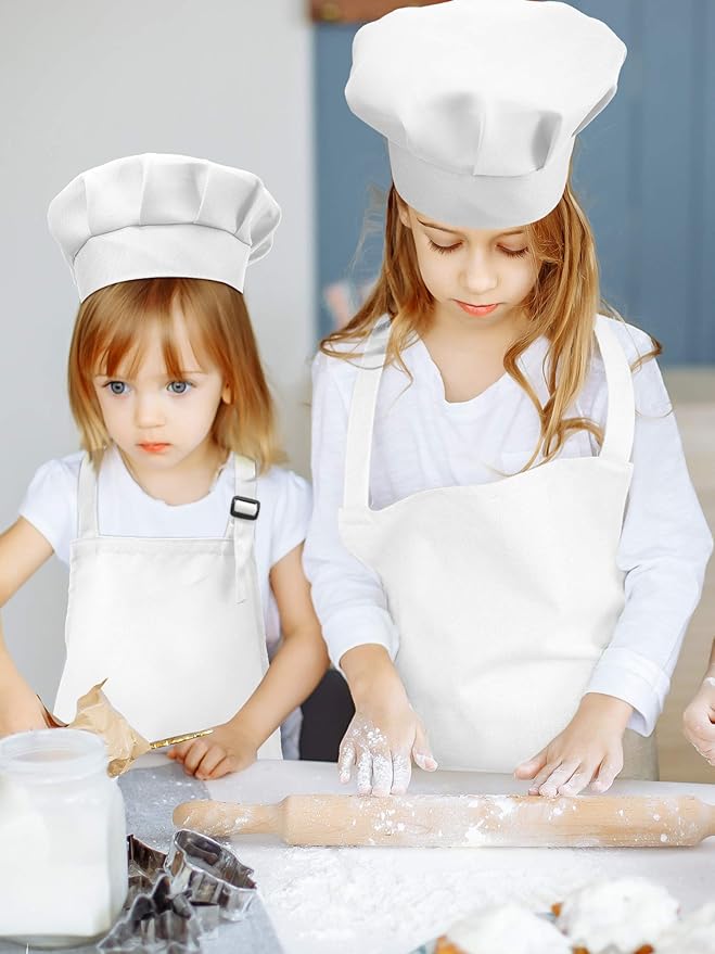 SATINIOR 8 Set Kids Apron and Chef Hat Set Kids Apron with 2 Pockets Adjustable for Boys Girl's Cooking Baking Painting (White, S for 2-6 Age)