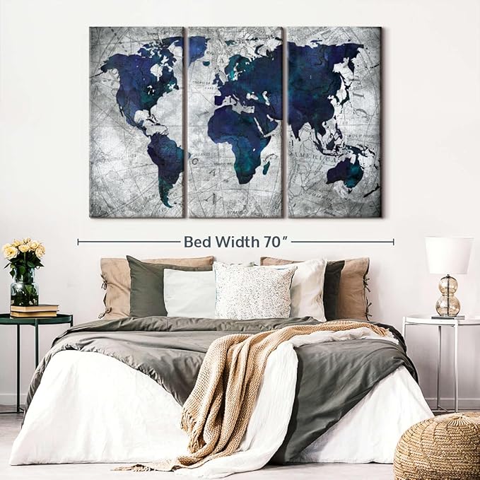 ElephantStock Deep Blue World Map Multi Piece Canvas - 3 Panel Wall Decor - Map of the World Art - Canvas for the Office and Home - 65" X 42"