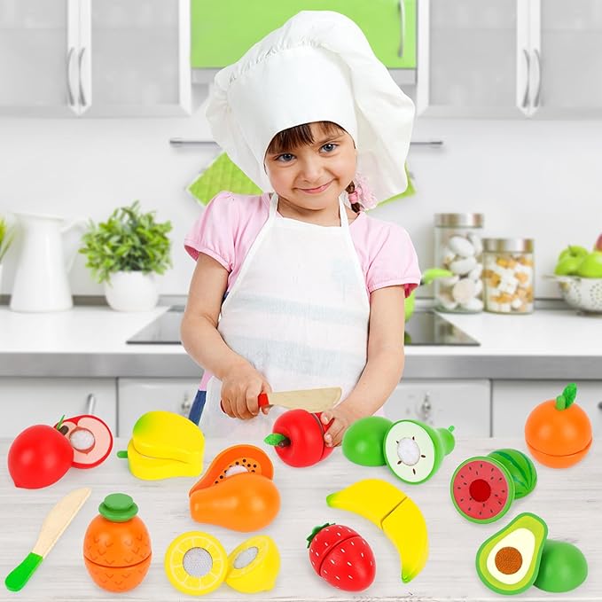 ATOYUS Wooden Play Food Set Toys for Toddlers 1-3, Kids Toy Play Kitchen Accessories, Cutting Fruits Pretend Food with Storage Boxes, Christmas Birthday Gifts for 1 2 3 Year Old Baby Boys Girls