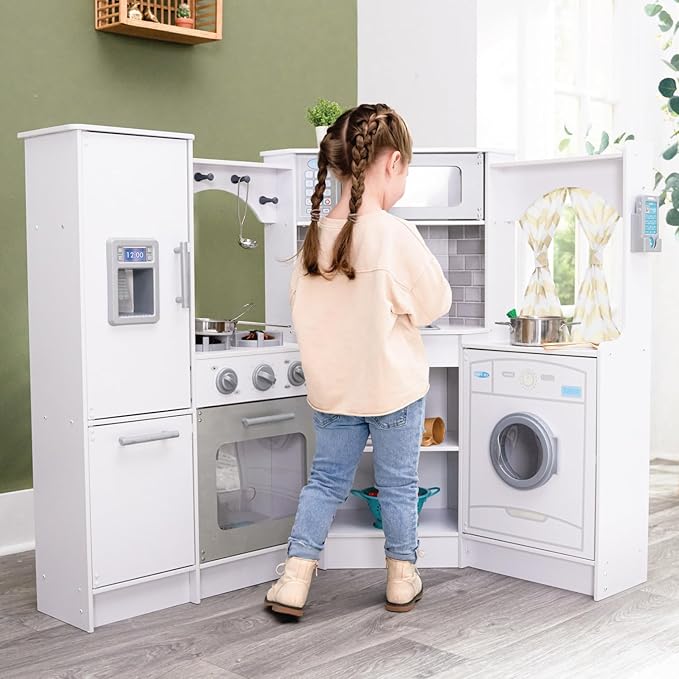 KidKraft Ultimate Corner Wooden Play Kitchen with Lights & Sounds, Play Phone and Curtains, White