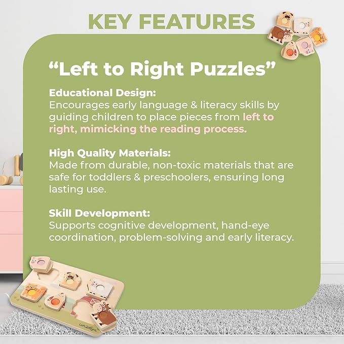 LEFT2RIGHT Wooden Puzzles for Toddlers 2-4 | Montessori Toys for 1-4 Year Olds | Educational Farm Edition Puzzle for Motor Skills & Sensory Learning | Wooden Toddler Puzzles Ages 1-3 Farm Edition