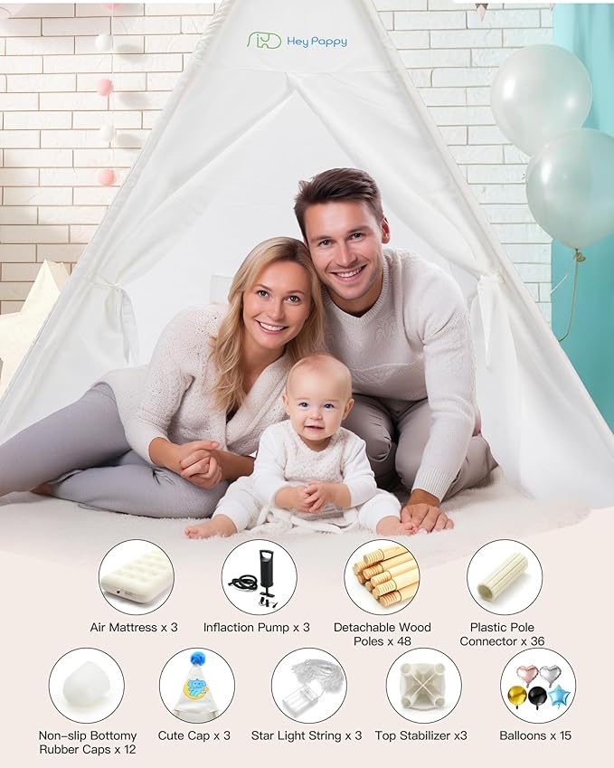 3 Pack Teepee Tent for Kids with Inflatable Airbed, Light, Toddler Tent Children Room Tents, Slumber Party Sleepover Tents, Indoor Outdoor Kids Playtent Playhouse for Girls & Boys