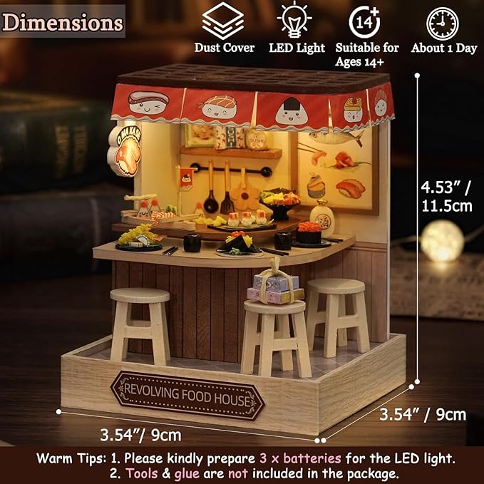TuKIIE DIY Miniature Dollhouse Kit with Furniture, 1:24 Scale Creative Room Mini Wooden Doll House Plus Dust Proof for Kids Teens Adults(Revolving Food House)