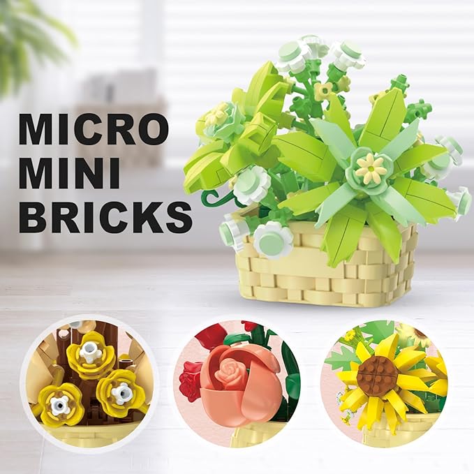 8 Pieces Flower Block Set, Plant and Succulent Toys，Birthday Gift for Women and Girls As a Decoration or Adult Block Toy