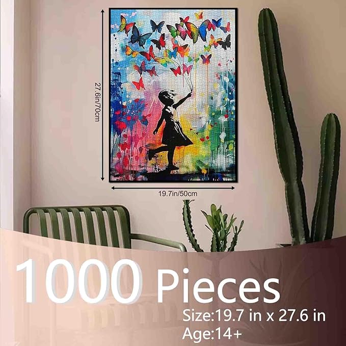 Tucocoo Butterflies Jigsaw Puzzles for Adults 1000 Pieces, Little Girl Banksy Street Art Style Jigsaw Puzzle Colorful DIY Puzzles for Home Decoration Gifts, Family Puzzle Perfect for Game Nights