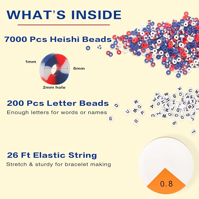 ADIIL 7200pcs Clay Beads Bracelet Making Kit, 6mm Polymer Heishi Beads for Jewelry Making, Friendship Bracelet Kit Birthday Gift for Adults Red Blue White
