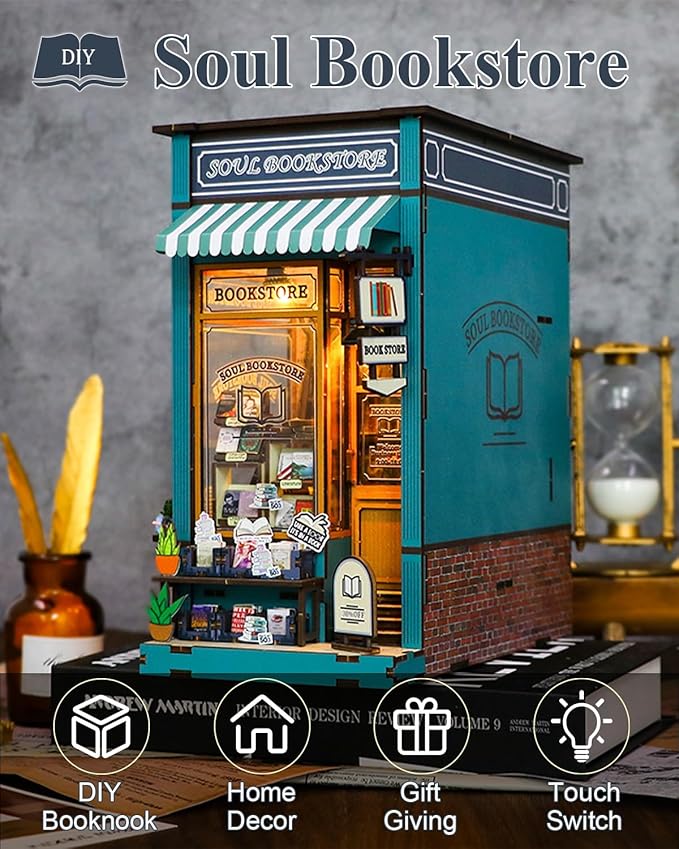 Book Nook Kit Soul Bookstore, DIY Wooden Booknooks Kit for Adults Women Teens, Bookshelf Diorama Miniature Scenes Insert Decor with LED Light, Miniature House Kit Bookstore Model Gifts