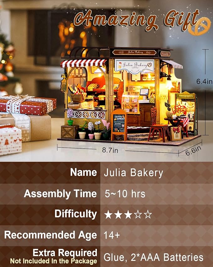 Miniature House Kit Julia Bakery, DIY Dollhouse Kit for Adults with Furniture & LED, Tiny House Kit Wooden Craft Gift for Adults Women Teens