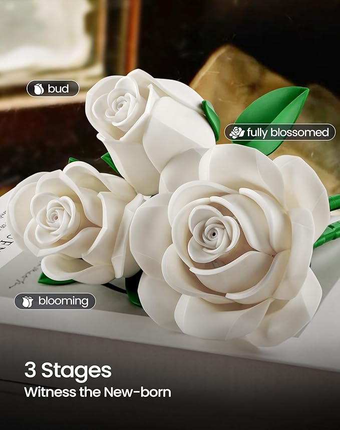 iATOM White Rose Bouquet Building Set, Wedding Artificial Flowers Botanical Collection for Adults Women, Gift for Valentines Day & Christmas - Home Office Table Centerpiece Decor - IA11013