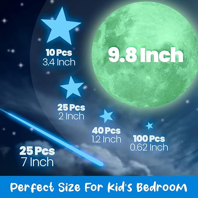 Glow in The Dark Stars and Moon for Ceiling, Luminous Stars and Moon Wall Decal, Wall Decor, Sticky Fluorescence Stars, Gift for boy and Girl Perfect for Kids Nursery Bedroom Living Room(Blue)