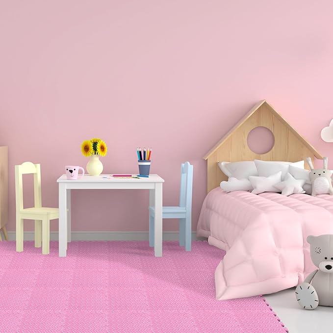 Shihanee 16 Pcs Foam Floor Baby Tiles 11.81 x 11.81 inches Foam Floor Mats Play Mats Bulk with Borders Interlocking for Kids Baby Playroom Nursery Gym（Light Pink）