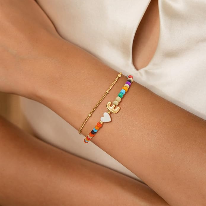 Colorful Initial Bracelets for Women Girls - 14K Gold Plated Heart Initial Letter Daint A-Z Charm Bracelet Summer Jewelry Teen Girl Gifts for Teen Kids