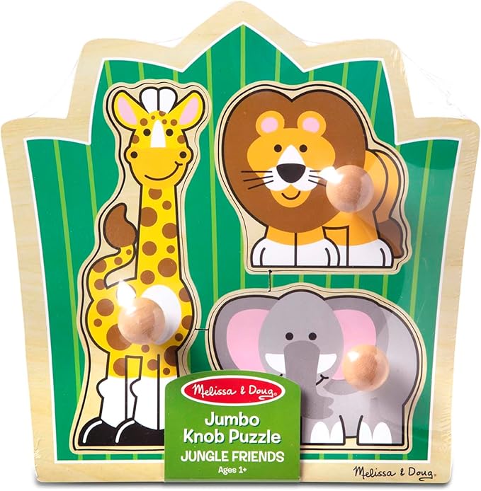 Melissa & Doug Jungle Friends Safari Animals Jumbo Knob Puzzle, Wooden Peg Puzzle for Toddlers, Educational Toy for Shape Recognition and Fine Motor Skills, Ages 1+