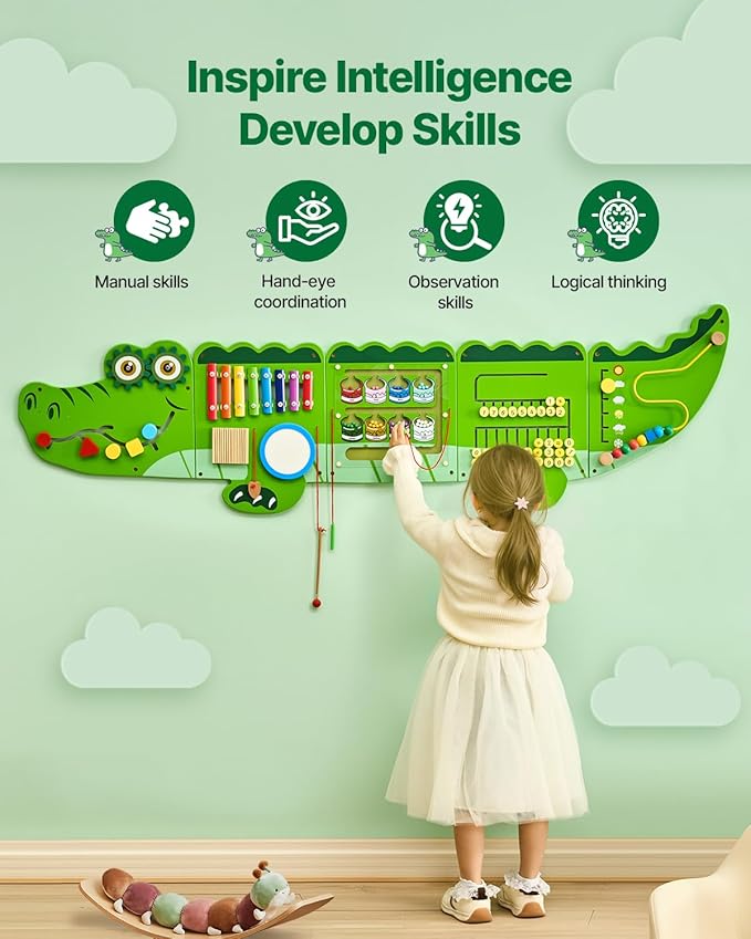 VEVOR Crocodile Activity Busy Board Panel, 9 Wall Activities Board, Montessori Sensory Wall Panel for Kids 3-12 Years, Sensory Wall Activity Panel, Ideal for Toddler Playroom Nursery Classroom