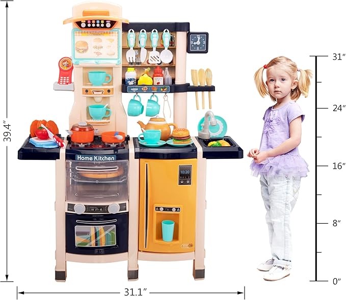 SANDINRAYLI 65Pcs Kids Kitchen Playset, Kitchen Toys, Large Toddler Play Kitchen Sets for Kids Ages 4-8, Pretend Toddler Kitchen for Girl & Boy 3-5, Baby Kitchen with Simulated Sound, Light, Blue
