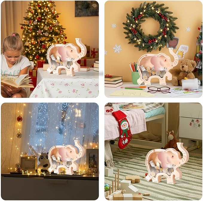 Wooden Elephant Piggy Banks for Kids, Adorable Elephant Piggy Bank with Acrylic Panels, Unbreakable Toddler Money Box for Girls Adults Boys, Cute Saving Coin Jar for Birthday Décor
