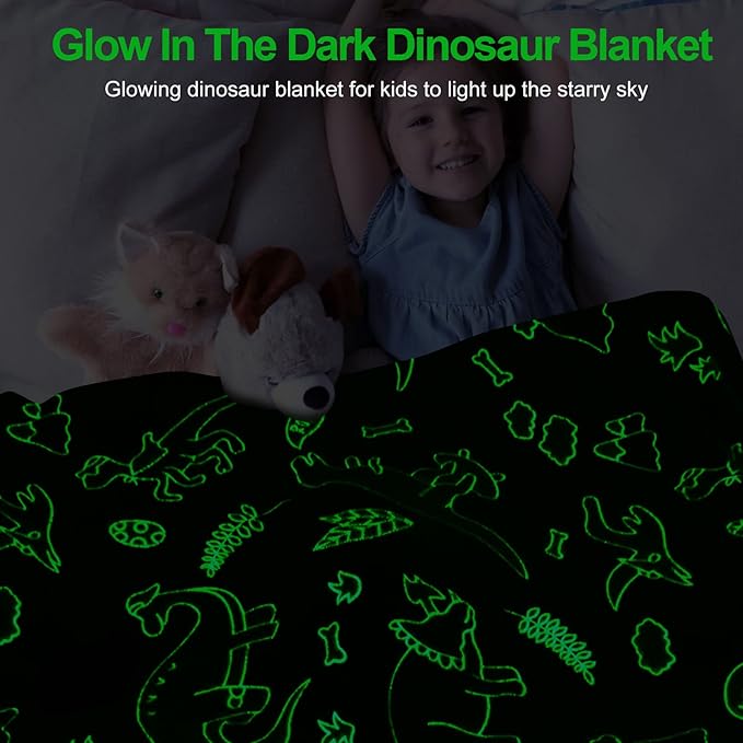 Personalized Dinosaur Glow in The Dark Kids Throw Blanket, 30"x40", Multicolor