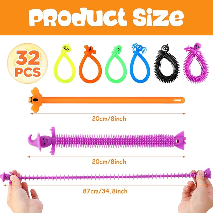codree 48 Pcs Halloween Stretchy Fidget Toy, Colorful Stretchy Strings Sensory Fidget Toys, Sensory Stress Relief Stretch Toys with Ghost Pumpkin Bats Skull for Kids Party Favors Treat Bags Gifts
