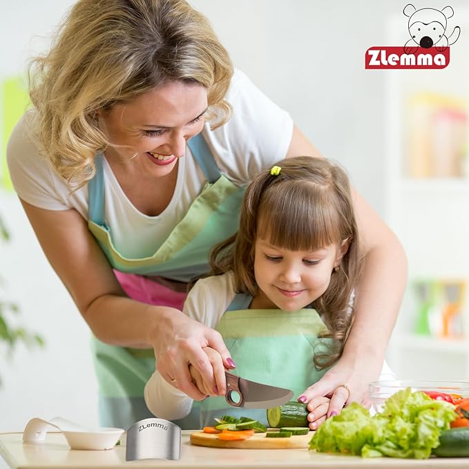 Kids Knife Set for Real Cooking with Sharped Blade for Children, Finger Guard & Educational Ring for Cutting Trainning, Rosewood Handle & Stainless Steel Blade Sharped Edge