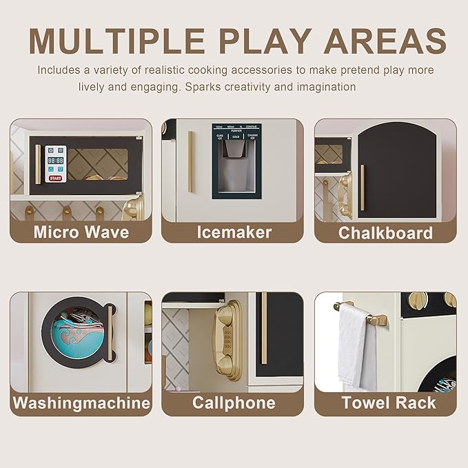 Treocho Play Kitchen for Kids, Wooden Toddler Kitchen Set with Storage, Modern Design Toy Kitchen with Faucet&Sink, Stove, Chalkboard, Icemaker and Various Accessories for Kids Ages 3+, Cream