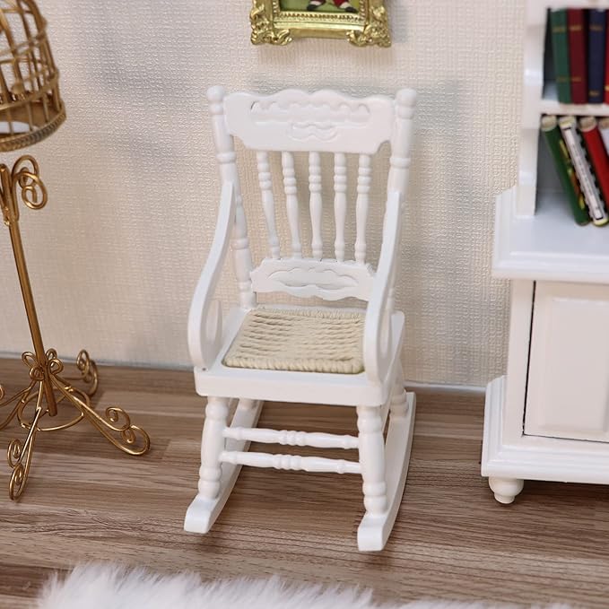 Dollhouse Miniature Rocking Chair 1:12 Scale Wooden Furniture Accessories Tiny Mini House Home Outdoor Cake Topper Decoration Model Living Room Scene Christmas Craft Displays (White)