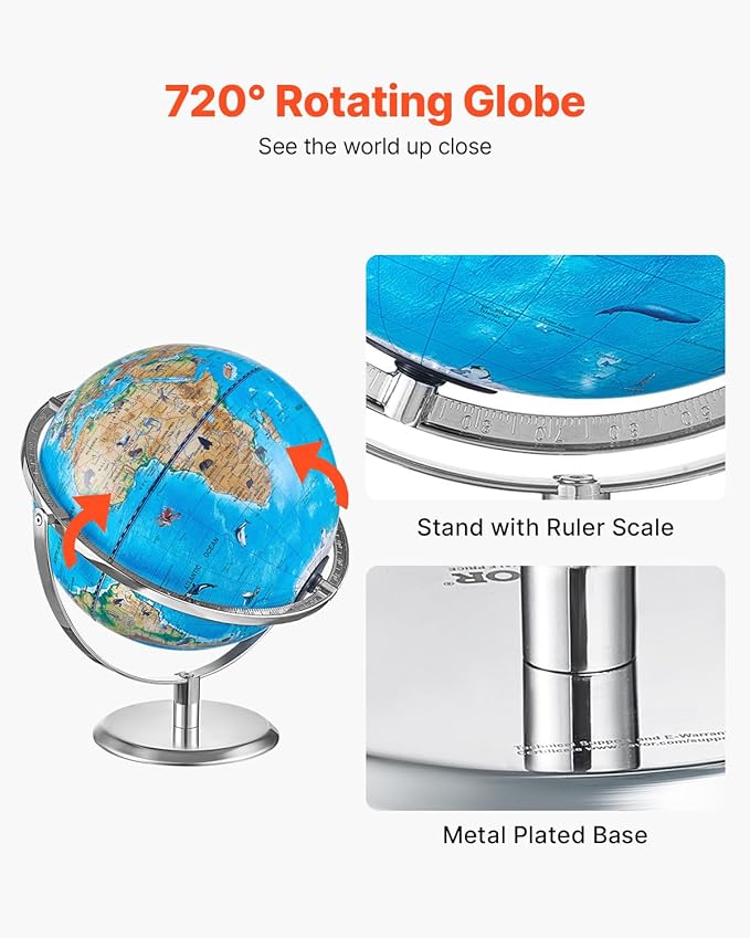 VEVOR Educational World Globe, 10 in/254 mm, Interactive Globe for Kids, with AR Golden APP, 720° Rotation, LED Night Lighting, 197 National Geographic Knowledge, STEM Toy, for Children Ages 4–10