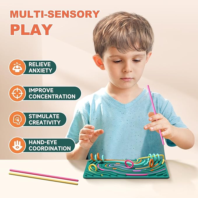 Sensory Fidget Toys for Kids,Silicone Sensory Activity Board for Stress,Anxiety,ADHD & Autism,Soft Worry Toys for Calm Down Corner Supplies,Play Therapy,Portable Travel Bag & 15 Strings (Green)