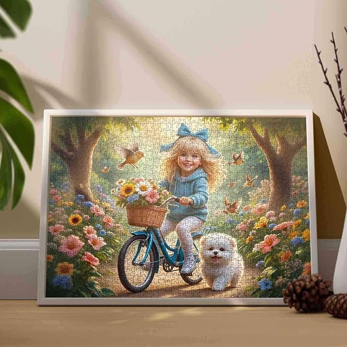 Tucocoo 1000 Piece Jigsaw Puzzle for Adults, Cute Girl on Bicycle with Puppy and Flowers – Whimsical Fantasy Puzzle for Adults, Scenic and Relaxing Art Puzzle for Stress Relief, Wall Decor DIY Gifts