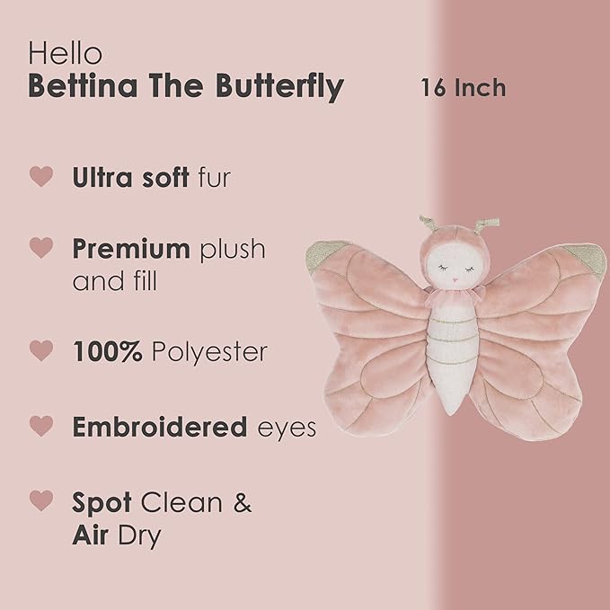MON AMI Bettina The Butterfly Stuffed Animal – 16” Pink, Plush Bug Toy for Kids, Plush Animals for Birthday Nursery Décor